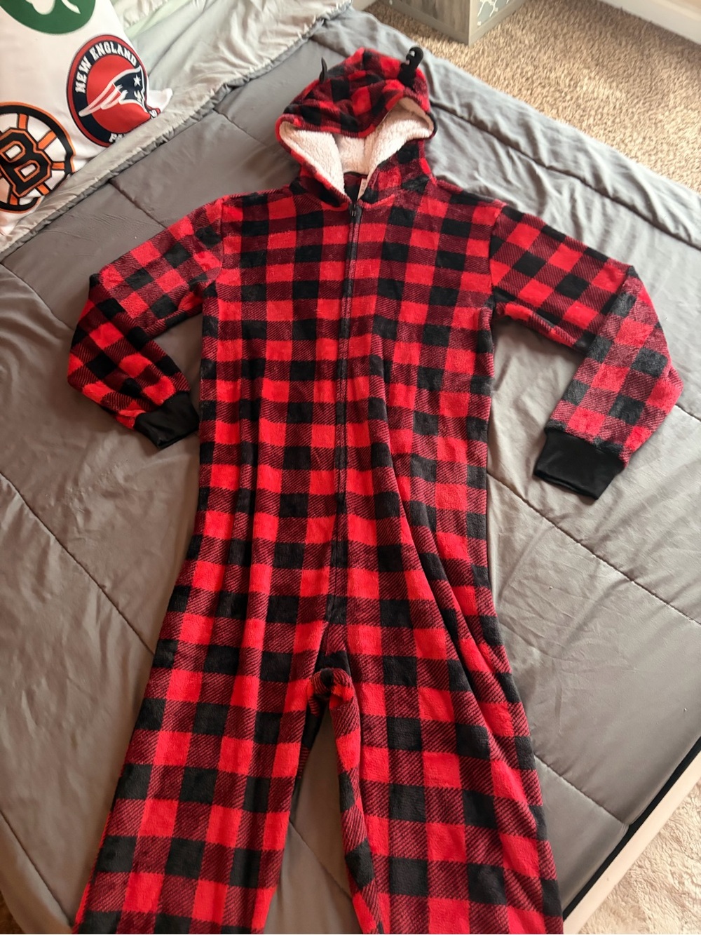 Buffalo Plaid Reindeer Hooded Fleece Onesie Pajamas Adult Small